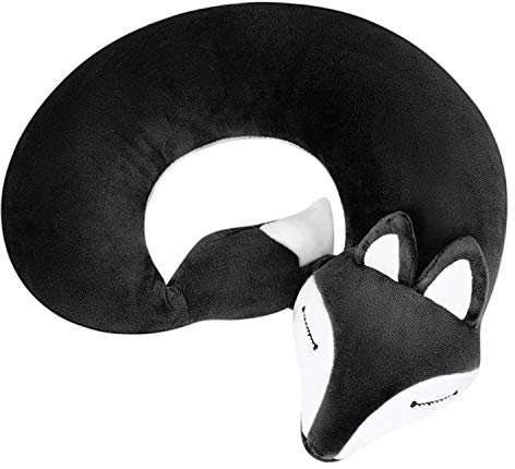 IBLUELOVER Cute Fox Travel Neck Pillow U-Shaped Cartoon Animal Neck Cushion Soft Comfortable Neck Support Rest Pillow for Airplane Car Camping Sleep and Office Snap (Black)