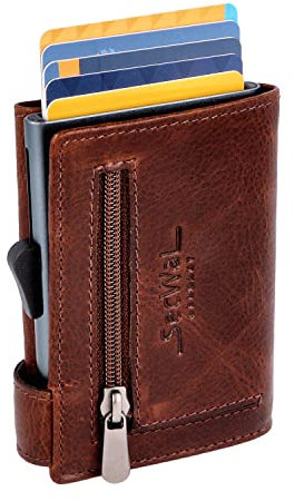 SecWal Kartenetui mit Münzfach Reißverschluss - Made in Germany - Echtleder Geldbörse inkl. E-Book für Damen und Herren - RFID Schutz Portemonnaie Leder - Geldbeutel klein (Bull Braun)
