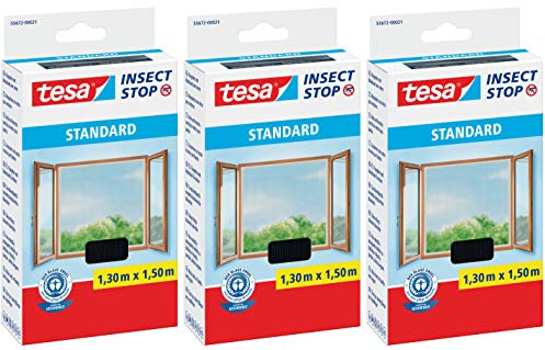 tesa Insect Stop STANDARD Fliegengitter für Fenster - Insektenschutz zuschneidbar - Mückenschutz ohne Bohren - 1 x Fliegen Netz anthrazit - 130 cm x 150 cm (3 Stück)