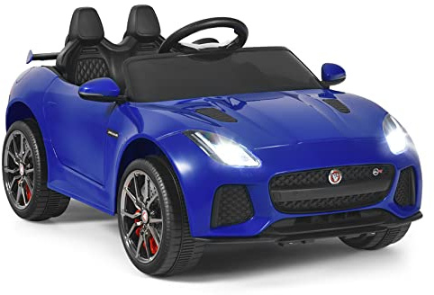 GOPLUS Elektrisk Jaguar-barnbil, 12 V, elbil med 2,4 Ghz fjärrkontroll, mjuk start, LED-ljus, tuta, musik, säkerhetsbälte, 3–5 km/h, barnfordon för barn från 3 år upp till 25 kg, blå