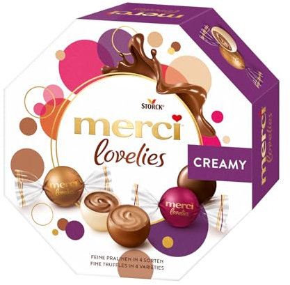 merci lovelies Creamy – 1 x 185 g – Pralinen-Schachtel mit 4 gefüllten Schokoladen-Spezialitäten – Schokokugeln zum Teilen & Verschenken