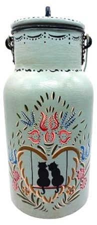 pot à lait ancien en aluminium,motif chats sur balançoire dans coeur au lys