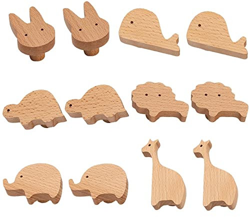 HDJNal Set di 12 pomelli decorativi in legno per mobili con animali, con viti, per cassettiera, legno, animali marini, boschi, pomelli per armadietti, maniglie per cassetti e camerette