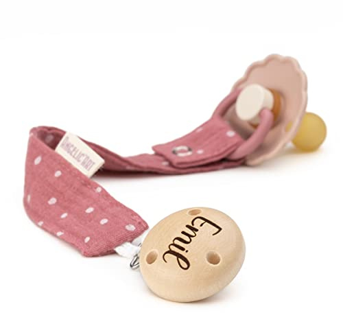 AngelicArt Schnullerband mit Gravur Namen für Jungs und Mädchen - große Farbauswahl - Geschenk für Baby (Altrosa-Gepunktet)