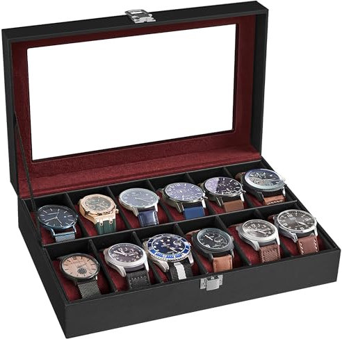 SONGMICS Caja de Relojes con 12 Compartimentos, Navidad, Estuche de Relojes con Tapa de Cristal, Cojín Extraíble, Cierre Metálico, Regalo, Cuero Sintético Negro y Forro Rojo Burdeos JWB120R01