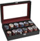 SONGMICS Uhrenbox mit 12 Fächern, Uhrenkasten, Glasdeckel, Uhrenkoffer, herausnehmbare Uhrenkissen, Metallverschluss, Geschenkidee, PU-Bezug in Schwarz, Samtfutter in Weinrot JWB120R01