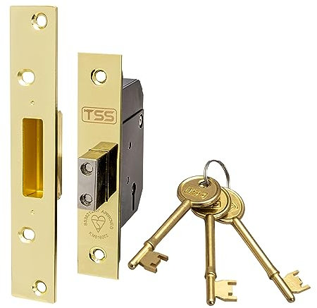TSS High Security 5 Lever British Standard Mortice Deadlock with 3 Keys and Fixings, 2.5 (68mm) Polished Brass, Insurance Approved for External Doors, British Standard BS3621:2007
