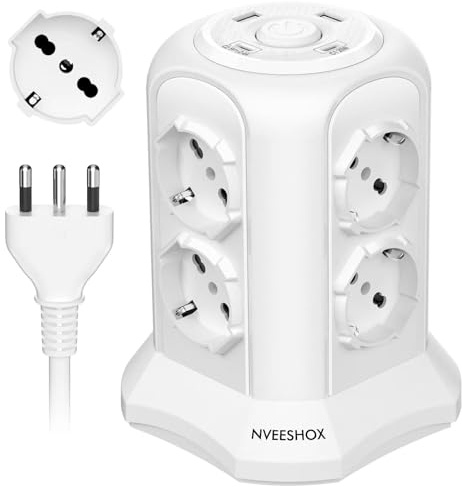 NVEESHOX Ciabatta Multipresa verticale con 8 Prese | Multipresa con 2 USB C + 2 USB A(USB-C1 20W PD3.0), 4000W/16A, protezione sovratensione con Interruttore, 2M Cavo (Bianca)