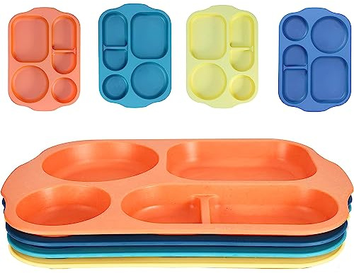 AIYoo 4Pack Dinner Plates Set,12inch Unbreakable Divided Plates 5 Compartment Diet Plate Portion Plates for Adults,Reusable Plastic Dessert Plate,Lightweight,Microwave and Dishwasher Safe
