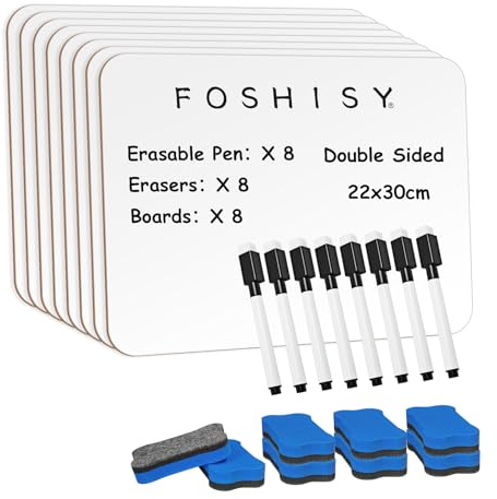 FOSHISY 8PCS Dry Erase Mini Whiteboard A4 with Eraser & Pens, 22 x 30 cm | Double Sided Small White Board, Reusable Portable Learning Board Easy to Write & Erase, for Children, School, Home, Office