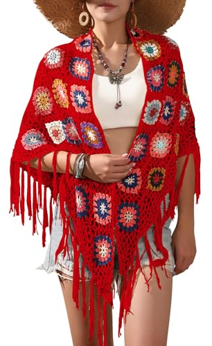 SMDPPWDBB Poncho fatto a mano all'uncinetto con frange mantello scialli avvolge nonna quadrato donna cappotto maglione, Rosso, taglia unica