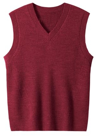 Pull tricoté sans Manches col en V pour Hommes Solid Color Top Slim pour Hommes_Crimson_Small