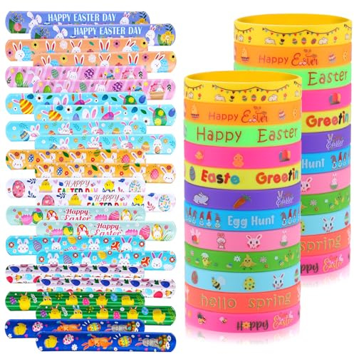 xutengy 48Pcs Easter Party Favors Decorations Slap Bracelets Rubber Wristbands for Kids Girls Boys，Easter Basket Stuffers Easter Egg Fillers Gifts for Toddlers