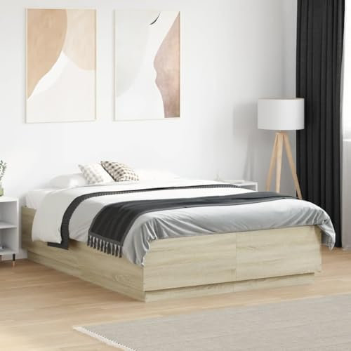Faroom Holzbett Futonbett Bett 140x190 cm Bettrahmen Holzwerkstoff Einzelbett Doppelbett Bettgestell Sonoma-Eiche