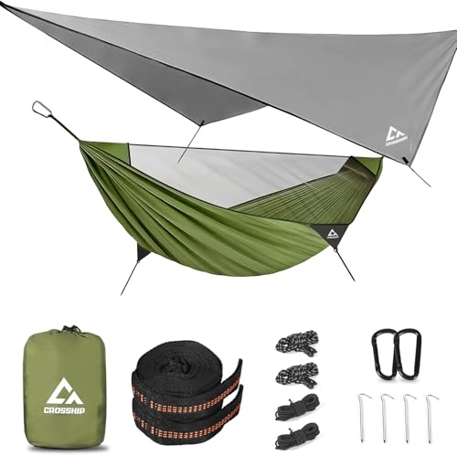 CROSSHIP Camping Hammock Mosquito Net with Rain Fly - Portable Parachute Nylon Backpacking Hammock for Outdoor, Hiking, Backpacking, Backyard, Beach, Travel (Hold Up to 500lbs)
