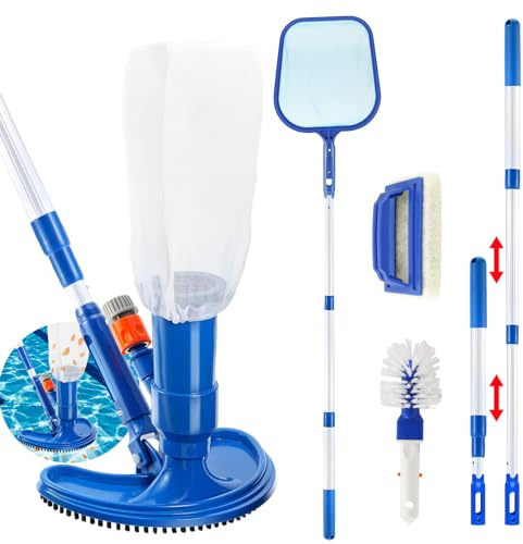 Pool Vacuum Cleaner, Jet Vacuum Head Pool Maintenance Kit, Portable Pool Cleaning Kit with Adjustable Telescopic Pole(112cm), Sponge Brus, Scrubbing Brush and Skimmer Net for Leaves, Dirt, Silt, Sand