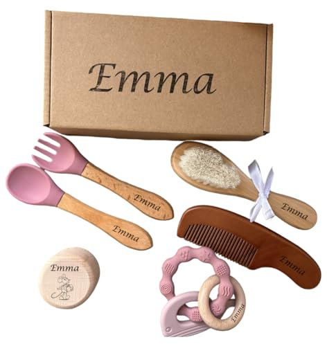 Coffret cadeau naissance bébé personnalisé prenom - Bebe fille et garçon-brosse à cheveux - hochet personnalisé - boite dents de lait personnalisée- set de couvert personnalisé