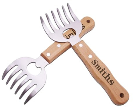 Fleischzerkleinerer aus Metall, personalisierbar, Set mit 2 hochwertigen Edelstahl-Fleischgabeln mit langem Holzgriff, individuelles Grillgeschenk für Männer, Frauen, Vater, Ehemann, individuelles