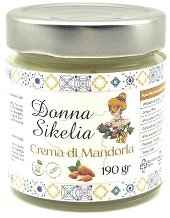 Crema di Mandorle Siciliane 45% Donna Sikelia Gluten Free 190g Artigianale | 45% mandorle siciliane, con olio EVO, senza olio di palma, cremosa, ideale per colazione, dessert e dolci.