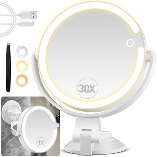PEDOMIROR Espejo de aumento 30X/1X con ventosa con potente bloqueo, espejo de maquillaje montado en la pared, espejo de afeitado de doble cara, espejo de baño con luces de 3 colores, espejo de ducha