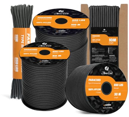 Abma Cord 4mm Paracord 550 Nylon Cuerda (10-15-30-50m) Tipo III 7 Hebras Cuerda de Nailon - MAX. 250 kg - Negro, 10m