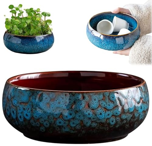 Maceta de loto, cuenco de cerámica para flores de loto, maceta de narciso de esmalte de flujo de gran calibre, lirio de agua de loto, suculentas, lavabo de cerámica simple (azul-b)