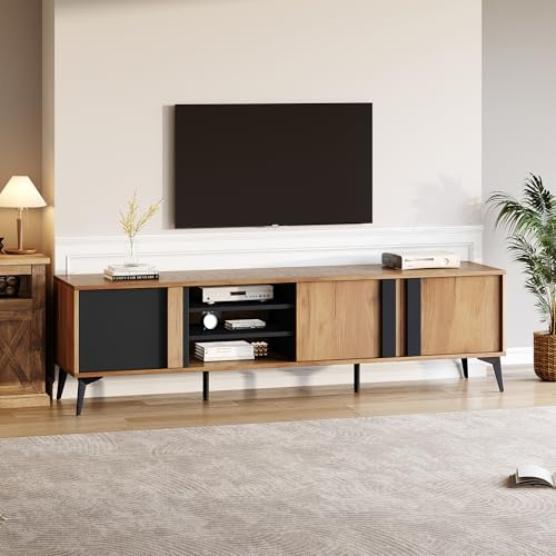 Merax TV-Schrank für Fernseher bis zu 80 Zoll, Moderner TV Lowboard mit 3 Schließfach und offenem Fach, Fernsehtisch TV Kommode, für Wohnzimmer und Esszimmer, Braun & Schwarz, 180x40x50cm