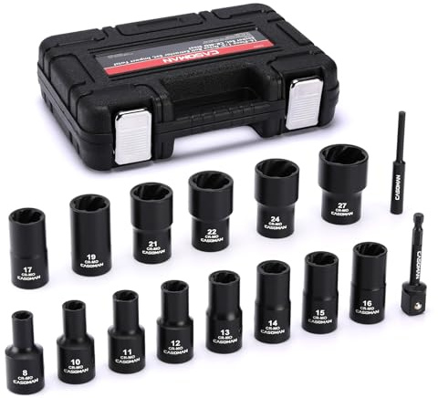 CASOMAN 16PCS 1/2 Drive Metric ImpactBolt and Nut Extractor Socket Set, Stripped Lug Nut Remover Include Hex Shank Adapter & Pin Bar, for Removing Damaged Rusted Broken Rounded Fasteners Off, CR-MO