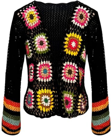 Genérico Maglia a Crochet Bohémien da Donna, Maglione a Maniche Lunghe con Ricamo a Mano, Etnico, Arcobaleno, Top Aperto, Casual ed Elegante, Nero , L