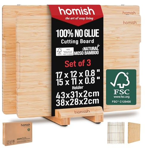 Bamboo Chopping Boards Set with Stand - 3 Piece Charcuterie Board & Butcher Block with Handle, Non Toxic Wood Cutting Serving Boards for Kitchen Gift Set - Truly Glue Free to Dishwasher Safe