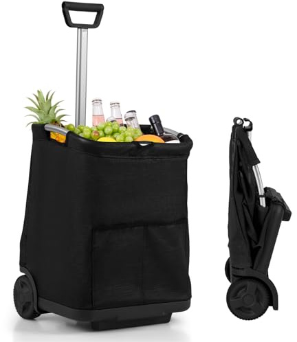 GYMAX Carrito de Compras de 50 L, Carrito de Compras Plegable con Bolsillos y Asa Ajustable, Carro de Mano Ligero para Compras y Camping (Negro)