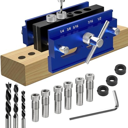 Self Centering Dowel Jig Kit for Woodworking, Adjustable Drill Guide with 6 Steel Bushings & 3 Drill for Straight Holes, Doweling Jig for Woodworking Projects Joiner Complete Tool Set (Short 2.4IN)