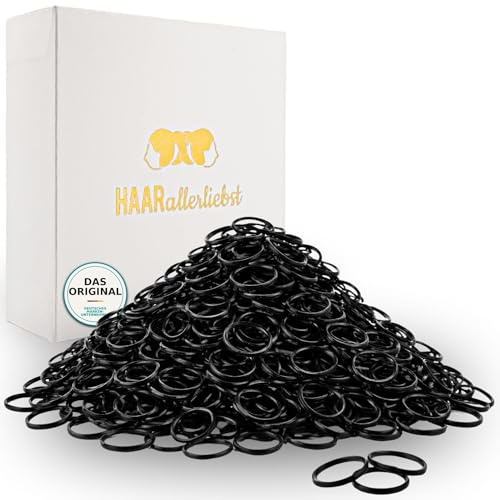 HAARallerliebst Haargummis klein – 250 Mini Haargummi (schwarz 1 cm) – Dünne Gummibänder für Haare und Bart – Kleine Haargummis inkl. Schachtel weiss