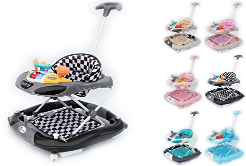 Clamaro 'MaxMobil' Gehfrei Lauflernwagen Lauflernhilfe mit Schiebestange mit Musik Spielstation, flüsterleise Gummirollen, Anti-Rutsch Funktion und Schaukelfunktion - Schwarz Weiss