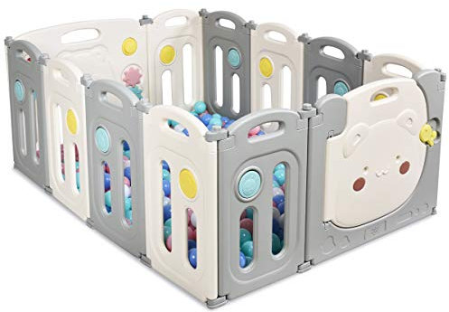 COSTWAY Laufgitter mit Aufbewahrungstasche, Tür und Spielzeugboard, Baby Laufstall faltbar, Absperrgitter aus Kunststoff, Krabbelgitter, Spielzaun für Kinder, Schutzgitter (12 Elemente)