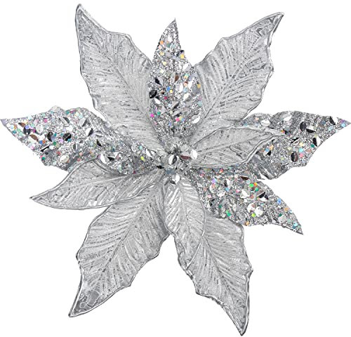 Oairse 4PCS Large Glitter Poinsettia Flowers 12/30cm Silver Artificial Christmas Flowers Picks with Long Stem Christmas Tree Decorations for Xmas Tree Ornaments Wedding New Year Halloween