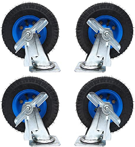 Heavy Duty Caster Wheels 4pc × Wheel Diameter：8inch / 10inch, Rubber Caster Wheels With Brakes, Double Ball Bearing Pneumatic Swivel Caster, For Wheelbarrow/Hand Truck/Tool Cart ( Size : Ø 8in/200mm )