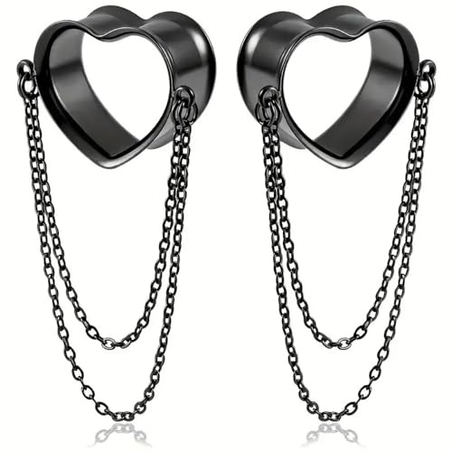 Vankula Ohr Tunnel mit anhänger Double Flared Flesh Plug Herz mit Kette Edelstahl für männer damen Ohrpiercing Gestreckte Schmuck 12mm(1/2) Schwarz