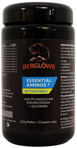 Berglöwe ESSENTIAL AMINOS + EAA-Pulver, Bitterlemon, 213g | aus pflanzlicher Fermentation, mit extra Glutamin, 9 essentiellen Aminosäuren, hochdosiert, VEGAN