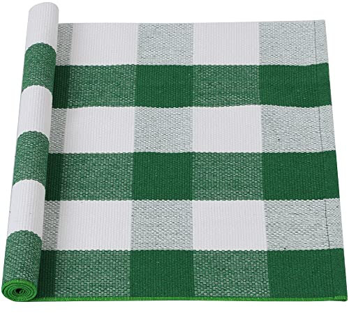 sourcing map Teppich Wohnzimmer Schlafzimmer Kinderzimmer Plaid aus Baumwolle für In- & Outdoor, gewebte, waschbare Buffalo-Teppich mit Karierten Matten Grün-Weiß 60x130cm