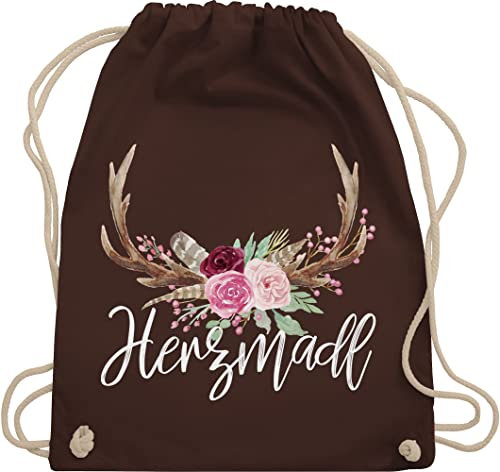 Shirtracer Turnbeutel Rucksack - Kompatibel mit Oktoberfest Tasche - Herzmadl - Unisize - Braun - mitbringsel aus bayern trachtenrucksack bayrische madl stoffrucksack trachtentaschen bayrisch hirsch
