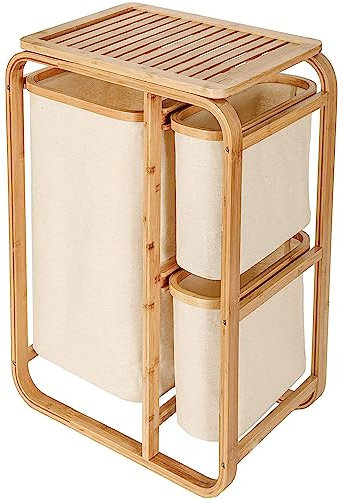 AD.CON Bambus-Wäschekorb XL, Badezimmer Regal, Bambus Wäscheregal, Wäschesack, Badregal, Wäschesortierer Beige