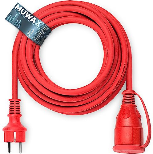 MUWAX Gummi-Verlängerungskabel 50m für Heimwerker, Garten, Haushalt, für temporäre Einsätze im Außenbereich und mittlere mechanische Beanspruchung H05RR-F 3G1,5mm² rot
