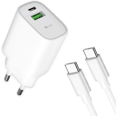 4-OK Cargador USB Rapido 3.4 A. Cargador Red 220V Compatible con Apple, Samsung, Xiaomi, Huawei, Incluye Cable USB-C a Tipo C. (2 Puertos USB 20w (Tipo c + USB) + Cable Tipo C)