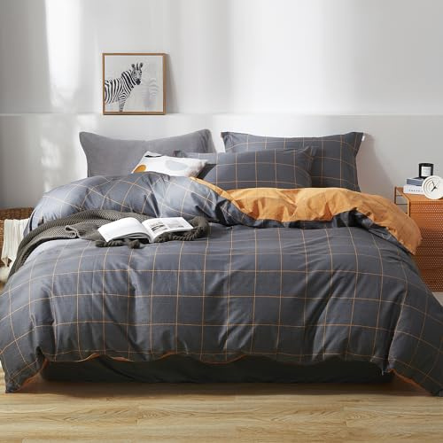 SAPHREAS Black Orange Plaid Duvet Cover Set 3pcs Full Size 100% Cotton Dark Gray Grid Geometric Bedding Comforter Cover Set 1 Duvet Cover 2 Pillow Shams