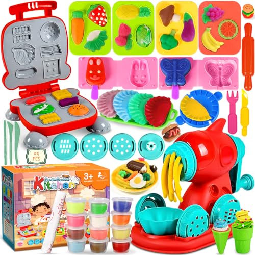 GUHAOOL Knete Set Knetwerkzeug für Kinder,54 Stück Kitchen Creations Nudelmaschine Spielset Burger Eiscreme,Knete Zubehör mit Accessoires und 12 Dosen Knete,Spielzeug Geschenk Mädchen&Junge 2-10 Jahre