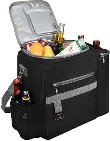 Kato Tirrinia 20L Cool Bags Large Insulated Picnic Lunch Bag, Cooler Bag Box for Camping/BBQ/Family Outdoor Activities with Shoulder Strap Side Pocket Wine Bottle Opener, Black