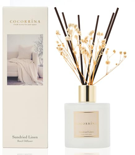 Cocorrína Diffuseur Parfum Maison, Lin Séché au Soleil 200ml avec Diffuseur Bâtonnets diffuseur de Parfum, Batonnets Diffuseur Parfum, Reed Diffuseur pour salle de bain étagère décoration