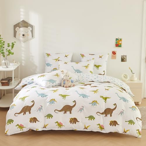 DXHOME Bettwäsche 100x135 Dinosaurier Weiß Cartoon Kinderbettwäsche Weiche Mikrofaser Wendebettwäsche Jungen Einzelbett 2 teiliges Set Bettbezug + 1 Kissenbezug 40x60 cm