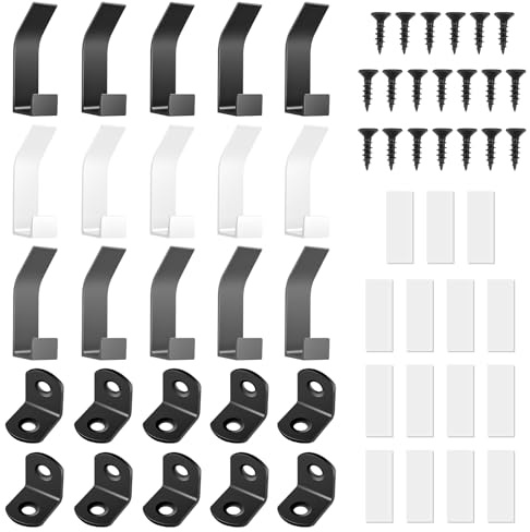 15 Piezas Gancho Grande de Plástico de Abrigos y Sombrero resistente, Percha de Ropa Montado en la Pared con Doble Gancho Adesivo, 10 Tirantes de Fijación de Esquinas con Tornillos para Ropa Toallas